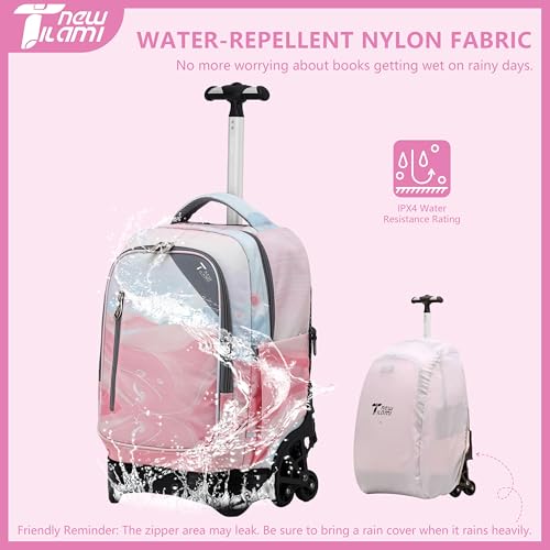 NEW TILAMI 18 inch Rolling Backpack for Girls Boys - Waterproof Durable Stai-Climbing Adjustable Handle Three Wheeled, Pink Sunset Glow - color: Pink Sunset Glow