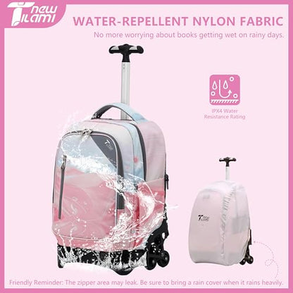 NEW TILAMI 18 inch Rolling Backpack for Girls Boys - Waterproof Durable Stai-Climbing Adjustable Handle Three Wheeled, Pink Sunset Glow - color: Pink Sunset Glow