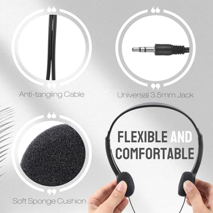 Konohan 30 Pack Bulk Classroom Headphones Wired Black Adjustable Over Ear Earbuds Headphones with 3.5 mm Plug for Teen Adults Students Schools Library Computer Labs Office Airplane