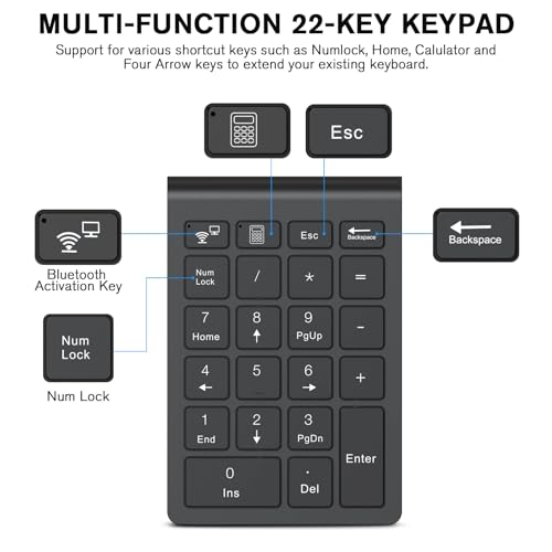 cimetech BT Number Pad, Wireless Numeric Keypad Numpad, 22 Keys Portable Mini Financial Accounting Keyboard for Laptop Notebook, Desktop, Surface Pro, PC - color: BT-Black