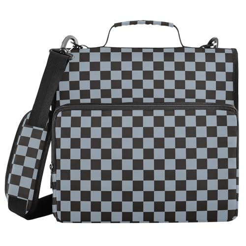 Dark Blue Black Checkered Binder Bag 3 Ring Zipper Binders with Shoulder Strap for School Office Organizer Storage - color: Q014