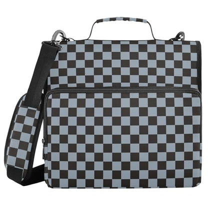 Dark Blue Black Checkered Binder Bag 3 Ring Zipper Binders with Shoulder Strap for School Office Organizer Storage - color: Q014