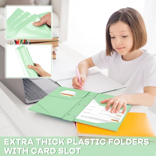 Henoyso 18 Pcs Plastic Folder with Clear Front Pocket and 3 Prong Plastic Folders with Card Slot Pocket Folders with Prongs for School Office (Light Green) - color: Light Green