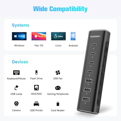 Rosonway 7 Ports Powered USB 3.2/USB C Hub 10Gbps with 4 USB-C 3.2, 3 USB-A 3.2 Ports, 3.3ft Cable and 36W(12V/3A) Power Adapter, Aluminum USB Splitter for Laptop, RSH-H7C4 - size: 7-Port Powered USB Hub