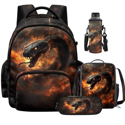 Black Snake Backpack for Kids Girls Backpack for School 4PCS Backpacks for Boys with Lunch Box Pencil Case Water Bottle Holder Kids Backpacks Bookbag for Teen Elementary Middle Primary - color: Black Snake