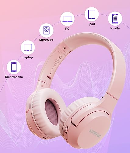 Kids Headphones Bluetooth 60H, Foldable On Ear Headphone with MIC, Volume Limiter 85dB/94dB Wireless & Wired Headphones, Over-Ear Headphone for Kid Adult School Online Class Travel, Pink