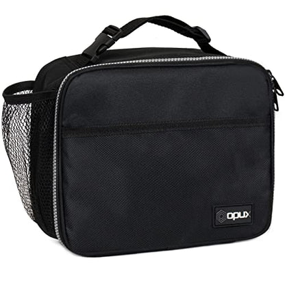 opux Insulated Lunch Bag for Kids, Reusable Lunch Box for School with Leakproof Lining, Compact Soft Cooler Tote for Boys & Girls, Front Pocket, Mesh Side Bottle Holder (Black) - color: Black