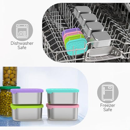 SOPHICO Stainless Steel 14 OZ Snack Containers for Kids，Food Storage Container with Silicone Lid - Perfect 304 Metal Toddler Lunch Box for Daycare and School, Leak Proof (MIX, 4 PACK) - color: 14oz, 4 Pack