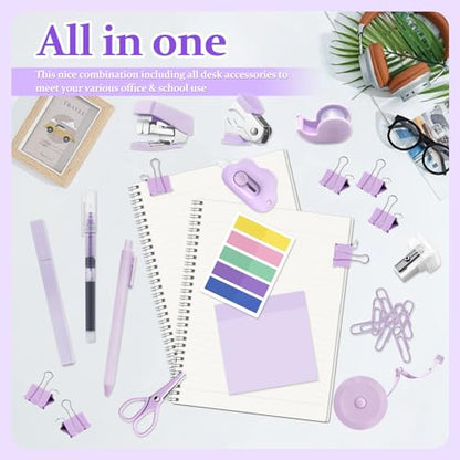Mini Office Supply Kit, Mini Stapler with Staples and Tape Dispenser Set, Mini Stationary Kit Includes Sticky Notes Index Tabs Highlighters Gel Pens for Office & School Supplies (Purple) - color: Purple