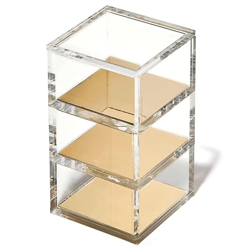 OfficeGoods 3-Tier Stackable Acrylic Holder- Stylish Desk Organizer and Storage for Office or Home – Transparent Square Design with Gold Metal Base - color: Gold, size: Square