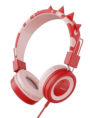 SIMJAR Dinosaur Kids Headphones with Microphone for School, Volume Limiter 85/94dB, Over-Ear Girls Boys Headphone for Kids with Foldable Wired Headphones for iPad/Travel (Red) - color: Red Dinosaur