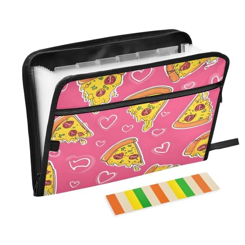 Pizza Pink Love Pattern 13 Pocket File Organizer Expanding File Folder with Front Pouch Portable Business File Storage Document Organizer Folder with Zipper - color: Pizza Pink Love Pattern