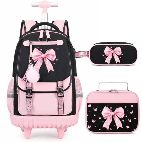 Bevalsa Rolling Backpack for Girls, 3PCS Roller School Backpacks with Lunch Box & Pen Case, Kids Bookbag Schoolbag with Wheels for Teen Girl Kindergarten Elementary Middle School - color: Pink Bow