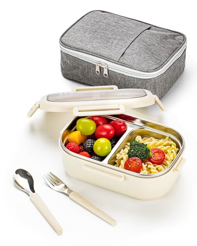 Lille Home 28oz Stainless Steel Leakproof 2-Compartment Bento Lunch Box/Portion Control Food Container with Lunch Bag and Cutlery Set, BPA Free (Beige) - color: Beige