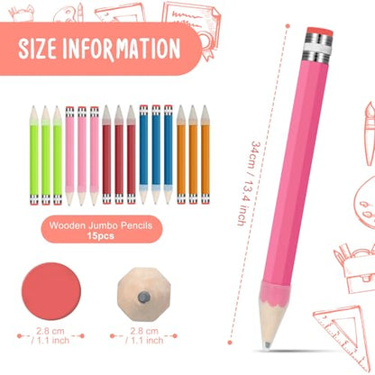 Fainne 15 Pcs Jumbo Pencils for Prop 13.4 Inch Wood Giant Pencil with Cap Big Funny Novelty Gift for Kids Back to School School Classroom Reward Supplies Teachers Students Gifts, 5 Colors