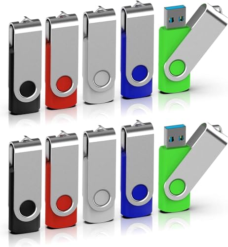 TOPESEL 32GB Flash Drive 10 Pack USB 2.0 Memory Stick Swivel Thumb Drives Bulk Pendrive for Data Storage(5 Mixed Colors: Black Blue Green Red Silver) - color: 10 Pack, size: 32GB