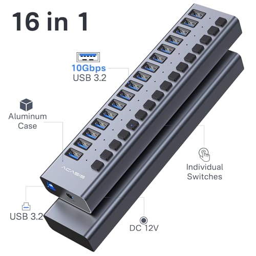 Powered USB 3.2 Hub, ACASIS 16 Ports USB 3.2 Hub with 10Gbps Data Speed，Aluminum Housing, USB Hub Powered with 96W Power Adapter, USB Hub for PC/Laptop, Computer, Flash Drive, Printer, Camera - size: 16 ports