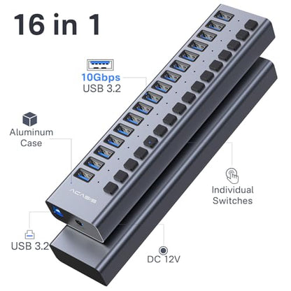 Powered USB 3.2 Hub, ACASIS 16 Ports USB 3.2 Hub with 10Gbps Data Speed，Aluminum Housing, USB Hub Powered with 96W Power Adapter, USB Hub for PC/Laptop, Computer, Flash Drive, Printer, Camera - size: 16 ports
