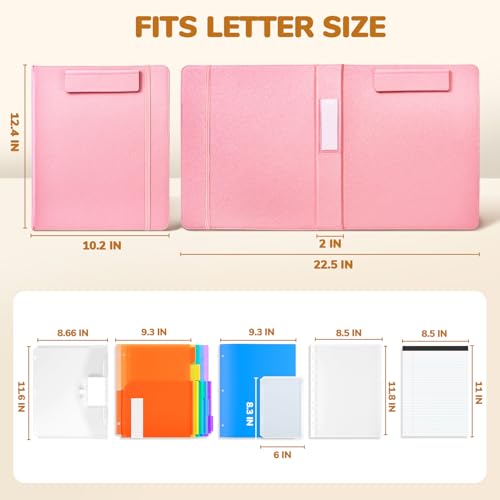 JoyCat 3 Ring Binder Clipboard with Storage,12.4"x10.2"Magnetic Clipboard Folder with 5 Expandable Folders,Refillable Lined Notepad (11" x 8.5"),Ideal for School Office Nursing(Pink) - color: Pink
