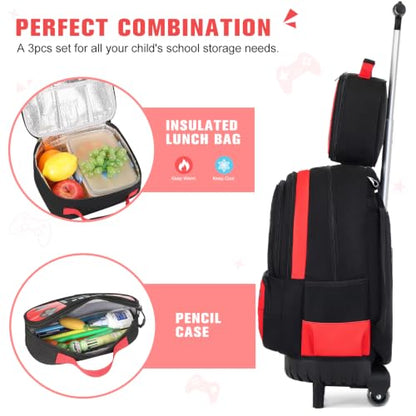Bevalsa Rolling Backpack for Boys,Cool Luminous Gamer Roller School Backpacks with Lunch Box & Pencil Case,Kids Wheeled Schoolbag Bookbag with Wheels for Kindergarten Elementary School Travel - color: Red