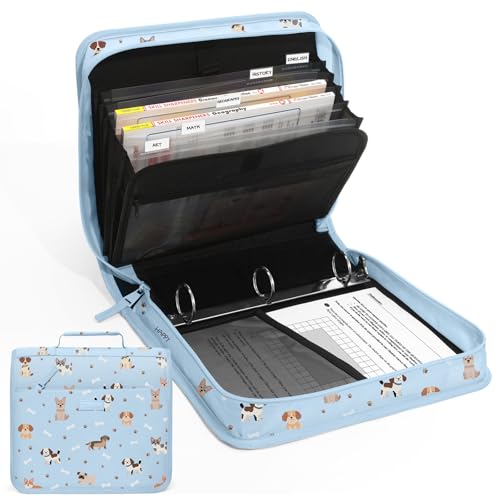 SUNEE Zipper Binder with Handle, 1.5 Inch O-Ring, 325 Pages Capacity, with 5-Tab Expanding File Folder for Classified Storage, Small Size Lightweight Zipper Bag for Middle School Students, Blue Dog - color: Blue Dog