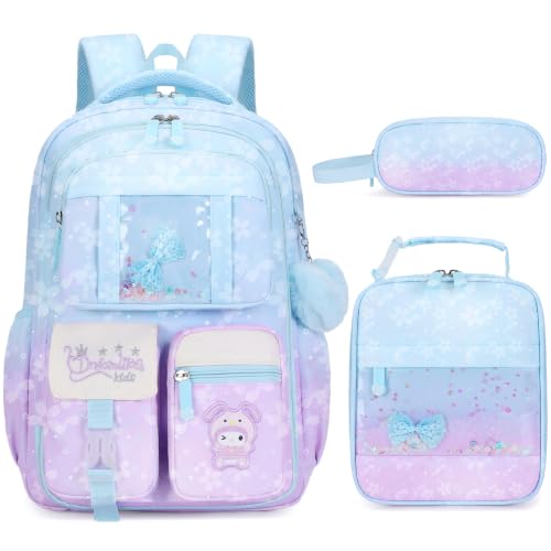 Jafeton Backpacks for Girls, Girls Backpack with Insulated Lunch Bag and Pencil Case for Kids Teens Elementary Middle High School Student, Cute Bow School Bag Travel Daypacks Book Bag Set - color: Blue Purple