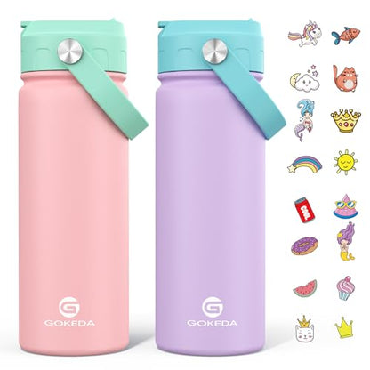 GoKEDA 18oz Kids Water Bottle, 2 Pack Stainless Steel Straw Cup - color: Pink+Purple