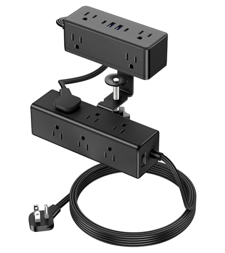 Dual Layer Desk Clamp Power Strip, 13 Outlets, 4 USB (2 USB-C), Black, 5FT | 20W Fast Charging Station, Edge Mount Surge Protector 1200J, Fits 2.15" Tabletop Edge, for Home Office, ETL Listed - color: Black