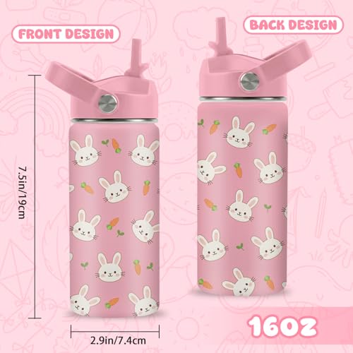Hiboss Rabbit Water Bottle for Girls, 16oz Kids Water Bottle Stainless Steel Insulated with Straw Lid, Pink Rabbits Travel Cup Tumbler for Birthday Gift - color: Rabbit
