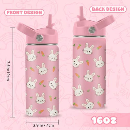 Hiboss Rabbit Water Bottle for Girls, 16oz Kids Water Bottle Stainless Steel Insulated with Straw Lid, Pink Rabbits Travel Cup Tumbler for Birthday Gift - color: Rabbit