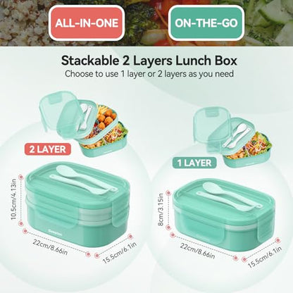 2 Layers Bento Box, All-in-One Stackable Lunch Container with Compartments, 64oz Leakproof Microwave Safe Dishwasher Safe Bento Box with Lunch Bag and Utensil Set for Kids and Adults - color: A-Green