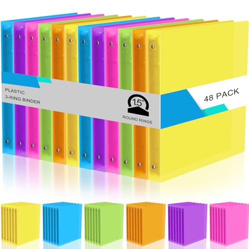 Fulmoon 48 Pack 3 Ring Plastic Binders 1.5 Inch Bulk with 2 Pockets, Flexible Binder Loose Leaf Hardcover, Fit 12" x 10" US Letter Size Paper, for School Office Home, 6 Colors (Bright) - color: Bright, size: 1.5 Inch