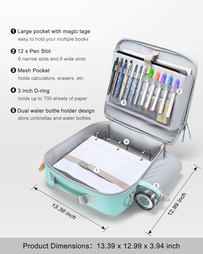 3 Inch 3-Ring Zipper Binder with Water Bottle Holder and Handle | Zip Up Binder with Shoulder Strap, 700 Sheet Capacity, Compatible with 13" MacBook/Tablet, for School, Office, Light Blue - color: Light Blue