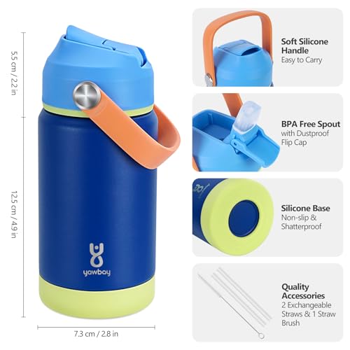 Kids Insulated Water Bottle with Straw Lid & Silicone Handle,12oz Kids Leak Proof Water Bottle for School Boys Girls,Double Wall Vacuum Stainless Steel with Non-slip Silicone Base(Dark Blue) - color: Dark Blue, size: 12 Ounces