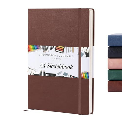 BROWNSTONE JOURNALS A4 Sketch Book Hardcover - 80 Sheets 100 GSM Paper 8.5"x11.5", Lay Flat, Vegan Leather Cover, Elastic Band, Back Pocket, Art Drawing Book (Chestnut Brown) - color: Chestnut Brown, size: A4 (8.5" x 11.5")