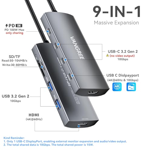 USB C Video Output Hub, 3 USB-C & 2 USB-A 3.2 10Gbps Ports, 4K@60Hz HDMI, 100W PD, SD/TF, USBC Splitter Dual Monitor Adapter for MacBook Pro/Air, iMac, iPad Pro, XPS, Surface, Galaxy S22,Samsung DEX