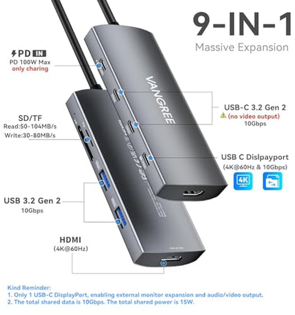 USB C Video Output Hub, 3 USB-C & 2 USB-A 3.2 10Gbps Ports, 4K@60Hz HDMI, 100W PD, SD/TF, USBC Splitter Dual Monitor Adapter for MacBook Pro/Air, iMac, iPad Pro, XPS, Surface, Galaxy S22,Samsung DEX