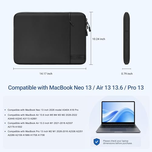 MOSISO Laptop Sleeve Compatible with MacBook Neo 13 inch 2026 A3404 / Air 13.3 13.6 M5 M4 M3 M2 M1 / Pro 13 M2 M1, 360 Degree Protective Computer Sleeve Bag with Vertical Pocket&Small Case, Black - color: Black