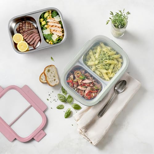 2 Pack 316 Stainless Steel Bento Box, 2-Compartment Microwave-Safe Metal Lunch Box, Leakproof Lunch Container for Work, On the Go (20oz/600ml Pink & Blue) - color: 20oz Pink & 20oz Blue