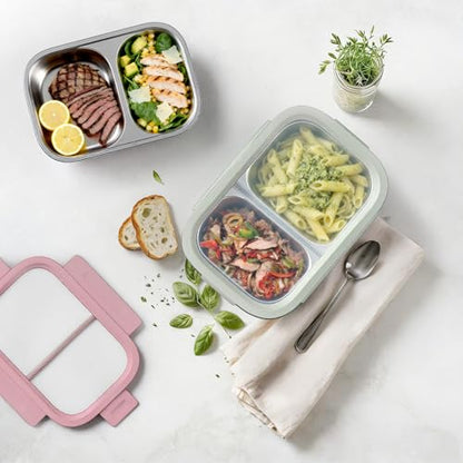 2 Pack 316 Stainless Steel Bento Box, 2-Compartment Microwave-Safe Metal Lunch Box, Leakproof Lunch Container for Work, On the Go (20oz/600ml Pink & Blue) - color: 20oz Pink & 20oz Blue