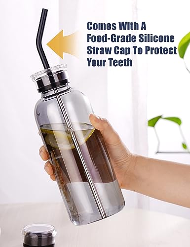 NiHome Glass Water Bottle 25oz/750ml with Two Caps, Stainless-Steel Straw, Brush and Silicone Cover, High Borosilicate Glass for Hot & Cold Beverages, Leak-Proof for Travel, Gym, Office (Smoky Gray) - color: Smoky Gray