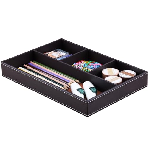 KINGFOM Pu Leather Desk Organizer Tray, 4 Compartment Office Storage Supplies Stationery Drawer Tray, Nightstand Bedside Tray for Key, Wallet, Watch, Coin, Phone Valet Tray Stackable - color: Brown