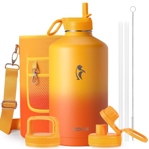 Coolflask 128 oz Gallon Water Bottle Insulated with Straw&3 Lids, Water Jug Large Stainless Steel Metal Vacuum Wide Mouth for Sports, Gym or Office, Non-BPA Keep Cold 48H Hot 24H, Ombre Yellow/Orange - color: Ombre Yellow/Orange, size: 128 Ounces