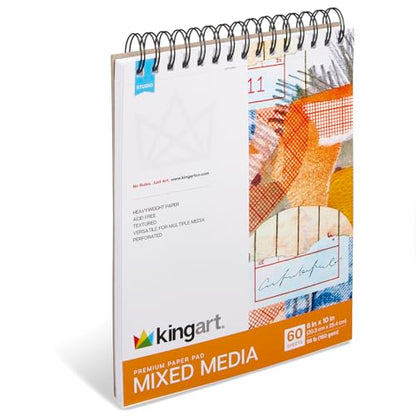 KINGART Mixed Media Sketchbook – 8x10 Inch, 1-Pack – 60 Sheets (98 lb / 160 GSM), Heavyweight Acid-Free Paper – Spiral-Bound Art Pad for Wet & Dry Media