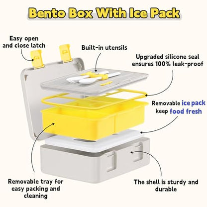 rockpapa Chill Bento Box for Kids- Large 5.5 Cups Lunch Box with Ice Pack - 5 Compartments, BPA-Free, Leak Proof, with Utensils & Portable Handle, Microwave/Dishwasher Safe (Grey Constr Trucks) - color: Grey Constr Trucks