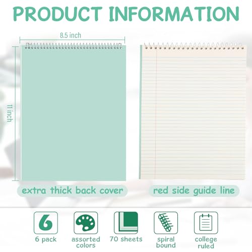 Maitys 6 Pcs Legal Pad Steno Spiral Notebook 8.5" x 11" Top Bound Spiral Pads Hard Cover College Ruled Notepad 70 Sheet Pad for School Office University Home(Cute Color,Iridescent Style) - color: Cute Color, style: Iridescent Style