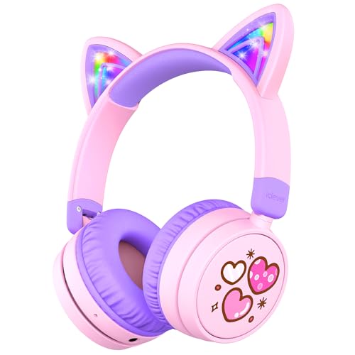 iClever 여아용 아동용 블루투스 헤드폰, LED 고양이 귀 여행 선물 | SafeSound Tech3.0, 60시간 재생, 블루투스 5.3, USB C 충전, AUX 케이블, 태블릿 PC용 유아 아동용 무선 헤드폰 - color: 피치 핑크-와이어리스