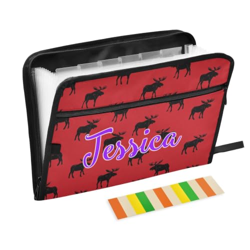 Kcldeci Custom Expanding File Folder with 13 Pockets,Black Moose on Red Personalized Accordion Document Organizer with Labels, A4 Letter Size Portable Paper Storage for Office School Home Travel - color: Black Moose on Red