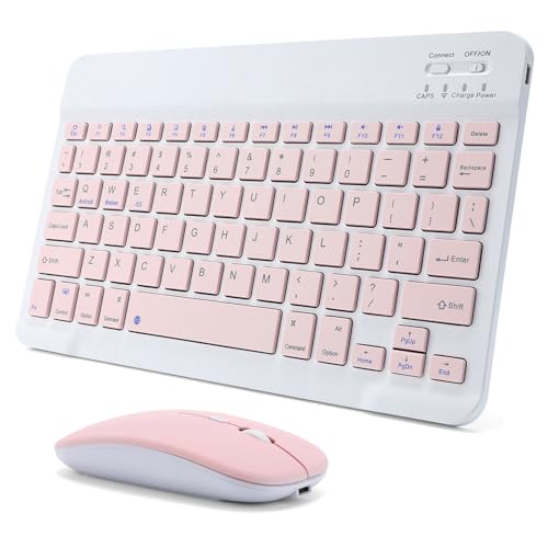 Rechargeable Bluetooth Keyboard and Mouse Combo for iPad, Ultra-Slim Portable Wireless Mouse Keyboard for iPad Pro Air Mini iPhone Samsung Tablet Cell Phone Android, iPadOS/iOS 13 and Above (Pink) - color: Pink
