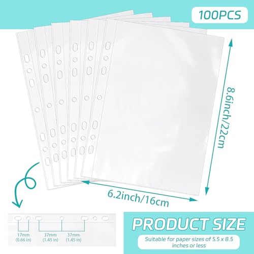 VOKOY 100 Pack 5.5x8.5 Inch Sheet Protectors for 3 or 6 Ring A5 Binder, Half Letter Size 7 Holes Mini Heavy-Duty Sheet Protector Sleeves Crystal Clear Playbill Binder Pockets - size: 5.5x8.5 Inch-1 Pocket, style: 100 Pack